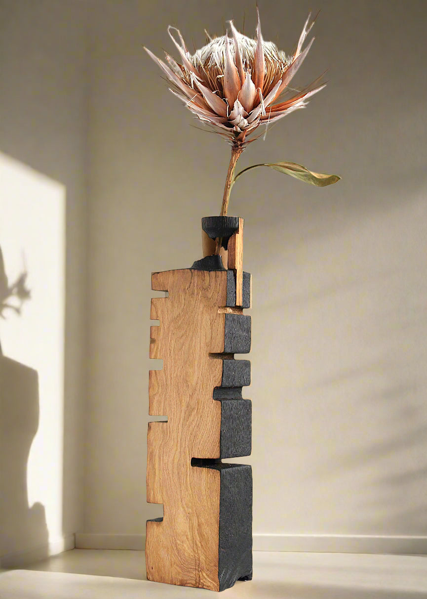 Handcrafted Black Oak Wood Vase for Dried Flowers