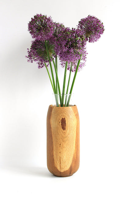 Small Handcrafted Oak Wood Vase for Dried Flowers