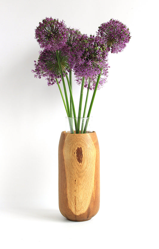 Small Handcrafted Oak Wood Vase for Dried Flowers