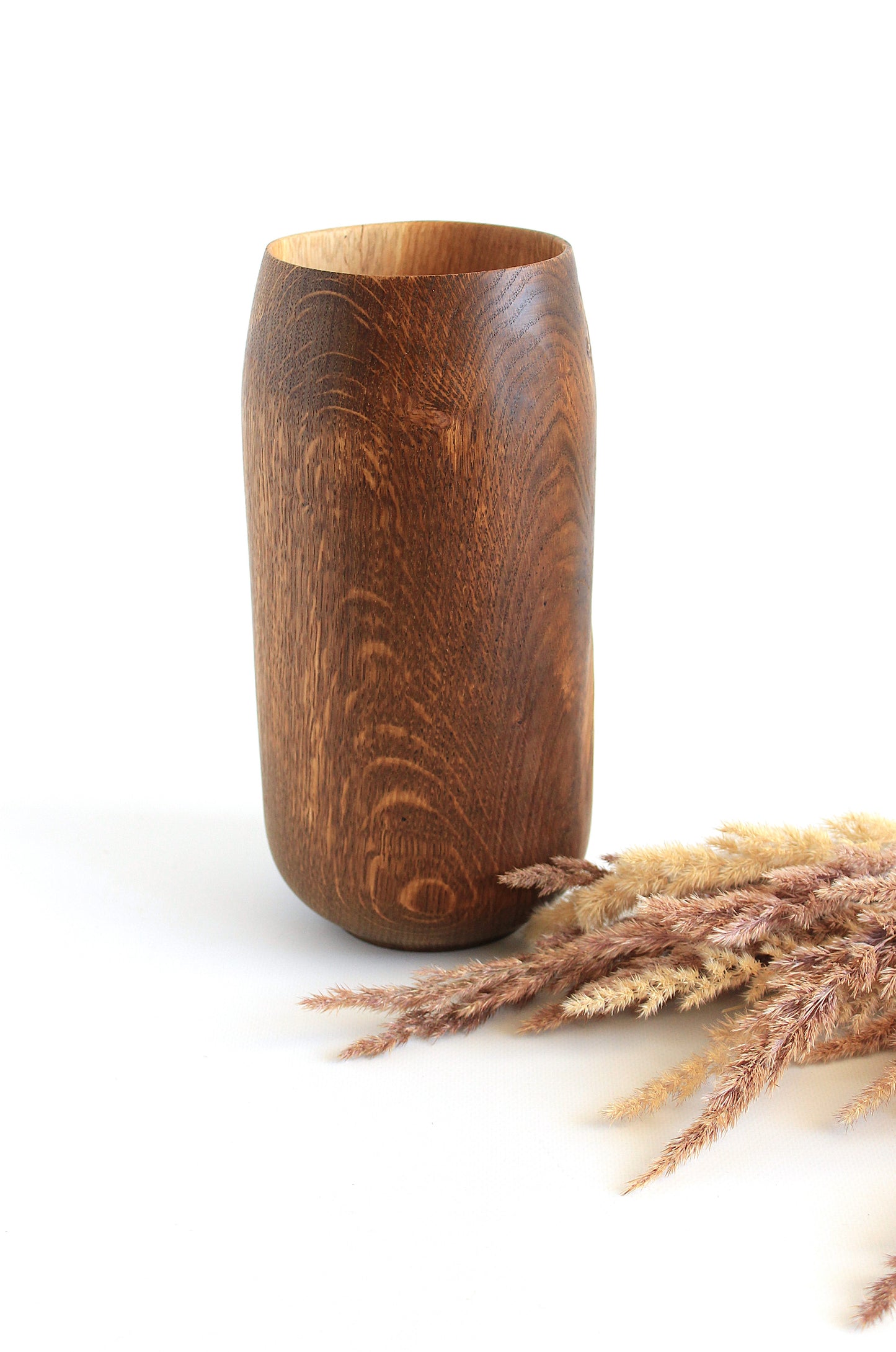 Small Handcrafted Oak Wood Vase for Dried Flowers